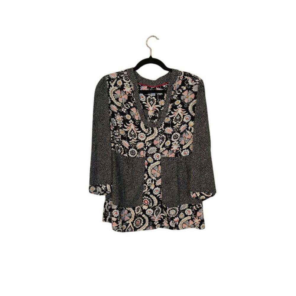 Boden Womens Polka Dot Top Size 6 Black Floral Bohemian Preppy Cottagecore